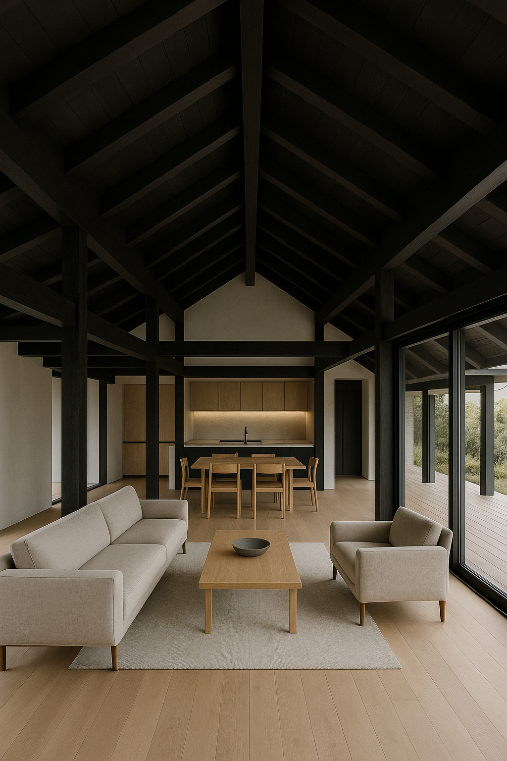 Interior modern timber frame cu grinzi închise și plan deschis