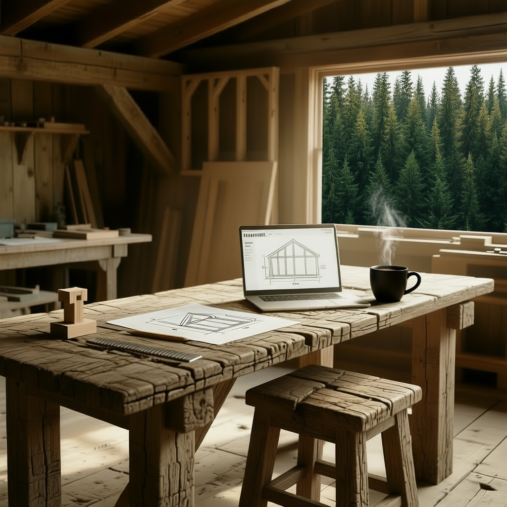 Hands sketching a timber frame plan on a wooden table, with a laptop showing FrameVerk interface