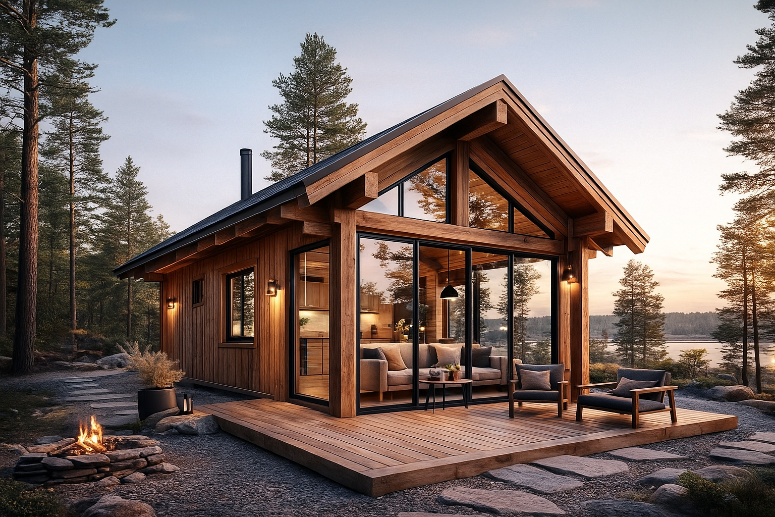 Small timberframe cabin with exposed beams and a mezzanine in a natural landscape