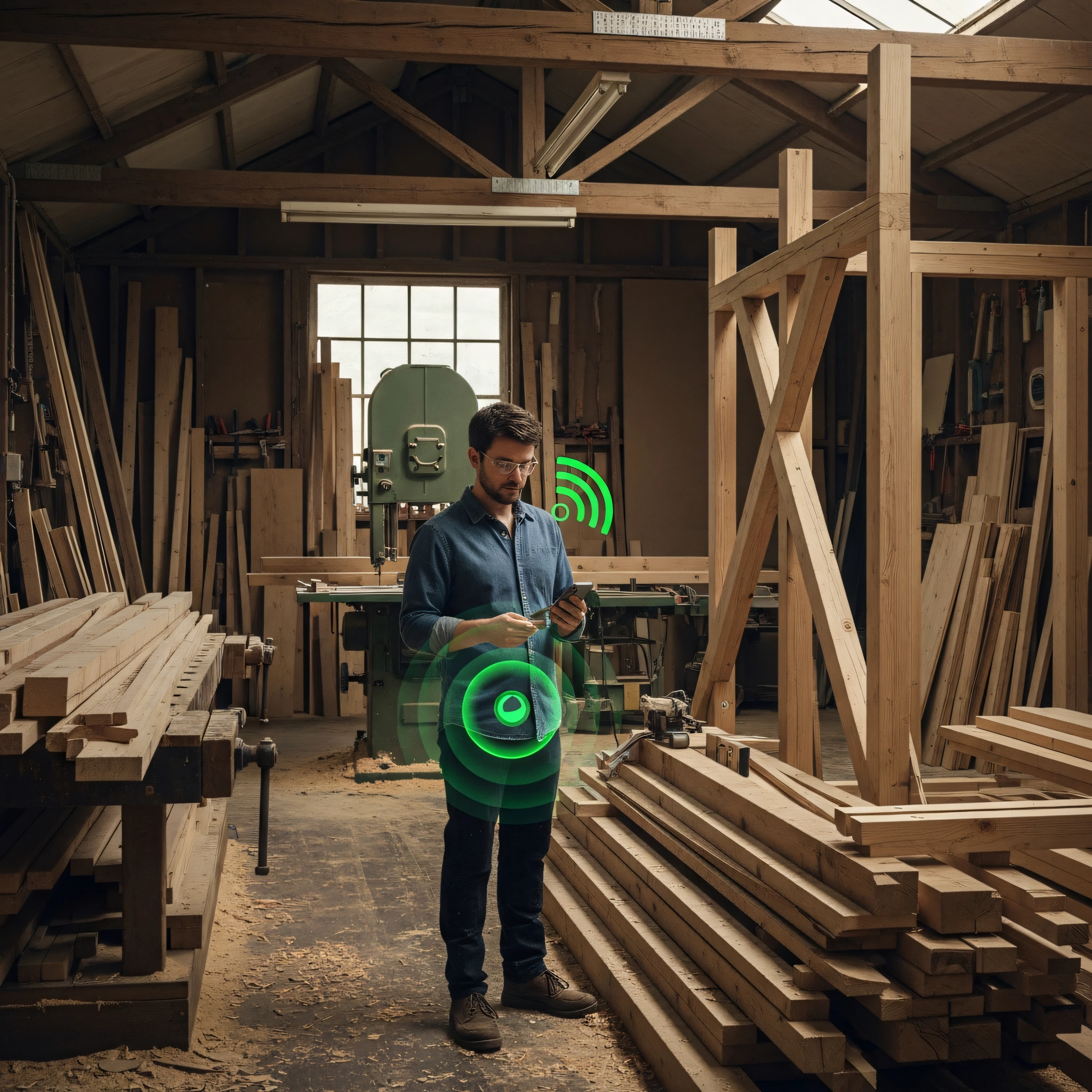 Carpenter searching for a missing framing square inside a timber workshop while holding a phone that shows a Bluetooth tracker pinging the tool’s location.