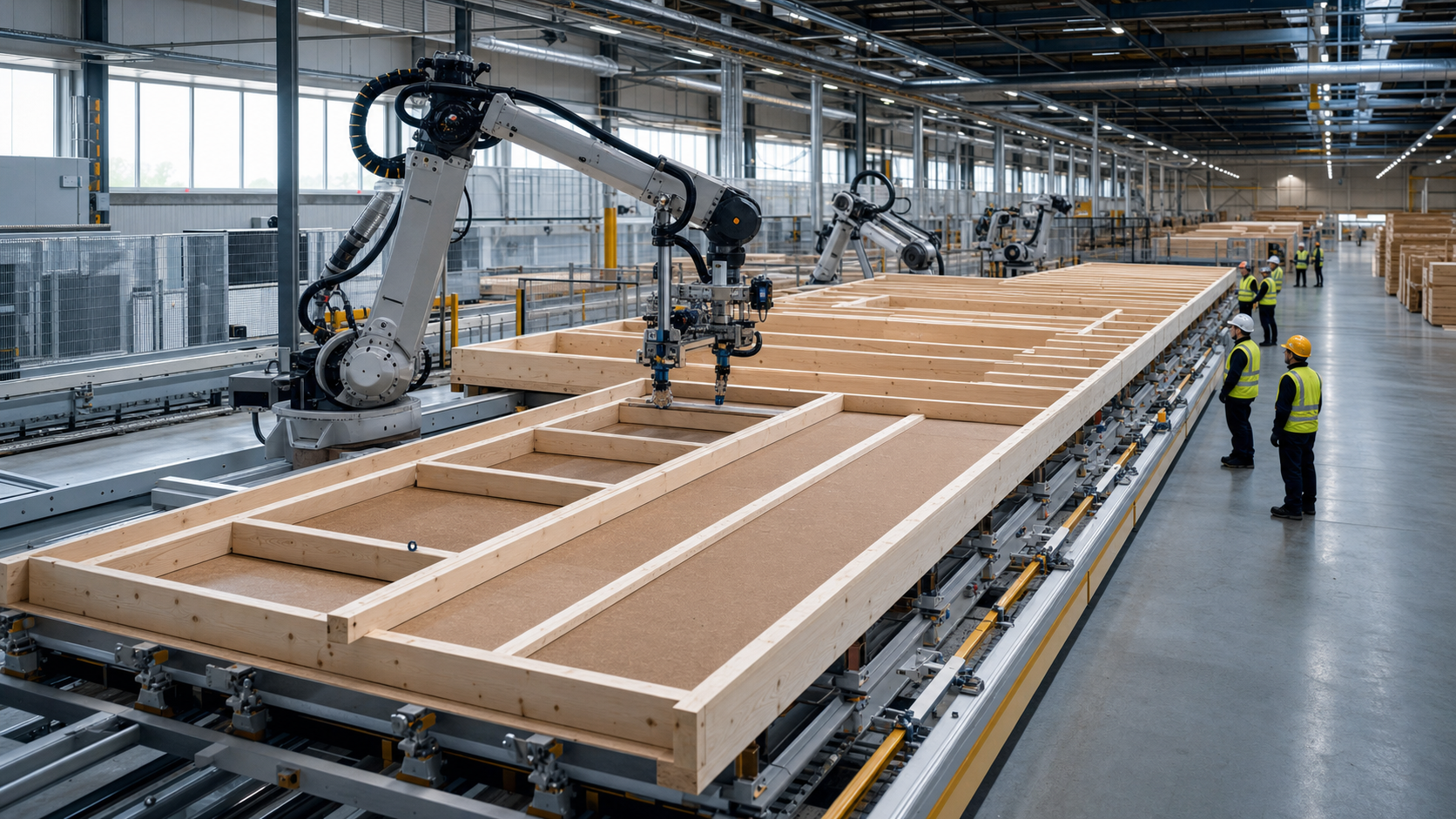 Robotische Linie montiert Holzrahmen-Wandtafeln in einem modernen britischen Offsite-Hauswerk